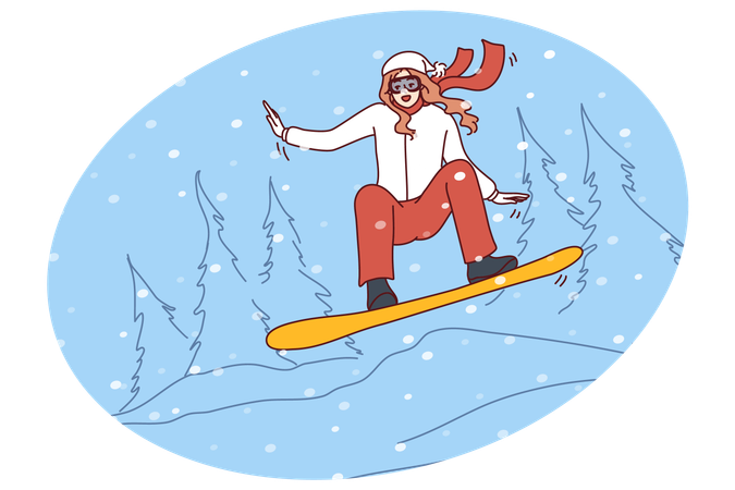 Mujer feliz haciendo snowboard en las montañas  Ilustración