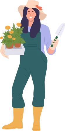 Feliz jardinera cultivando flores en maceta  Ilustración