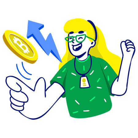 Mujer feliz mirando el precio de las criptomonedas  Ilustración