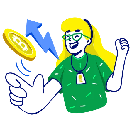 Mujer feliz mirando el precio de las criptomonedas  Ilustración