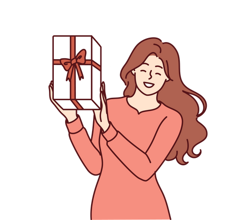 Mujer feliz muestra la caja de regalo que le regaló su marido en su cumpleaños  Ilustración