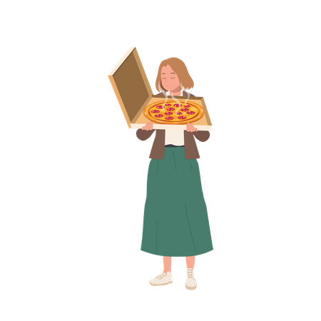 Mujer feliz huele sabrosa pizza en caja  Ilustración