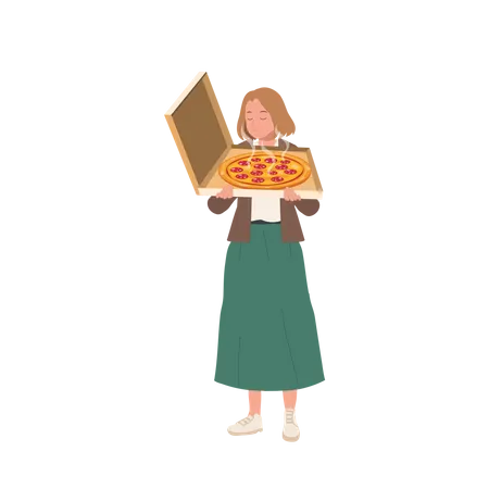 Mujer feliz huele sabrosa pizza en caja  Ilustración