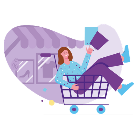 Mujer feliz viaja en carrito de supermercado con bolsas  Ilustración
