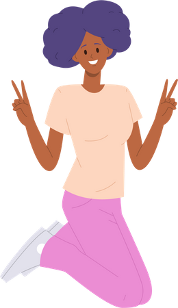 Mujer feliz saltando en el aire sintiendo emoción positiva haciendo un gesto de paz con la mano  Ilustración