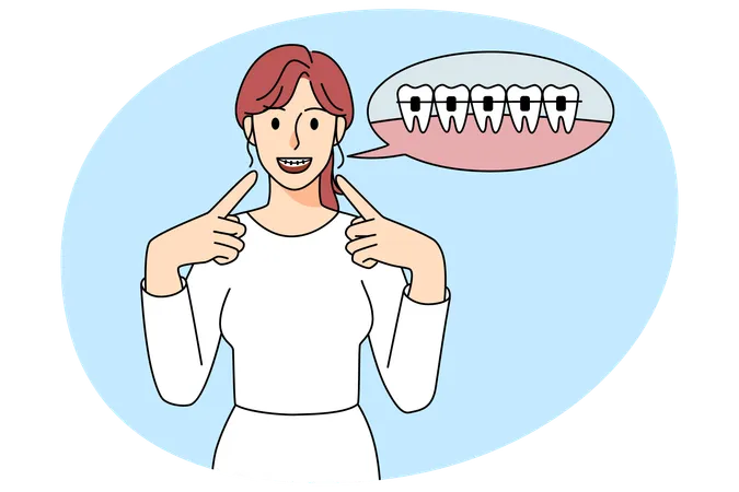 Mujer feliz señalando aparatos dentales en los dientes  Ilustración