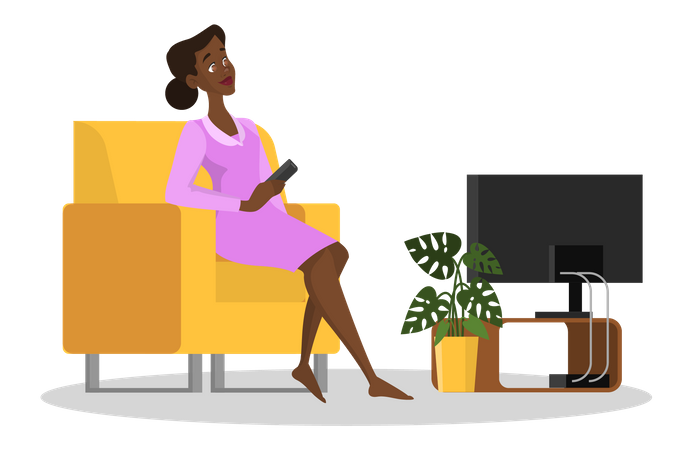 Mujer feliz sentada en el sillón y viendo la televisión  Ilustración