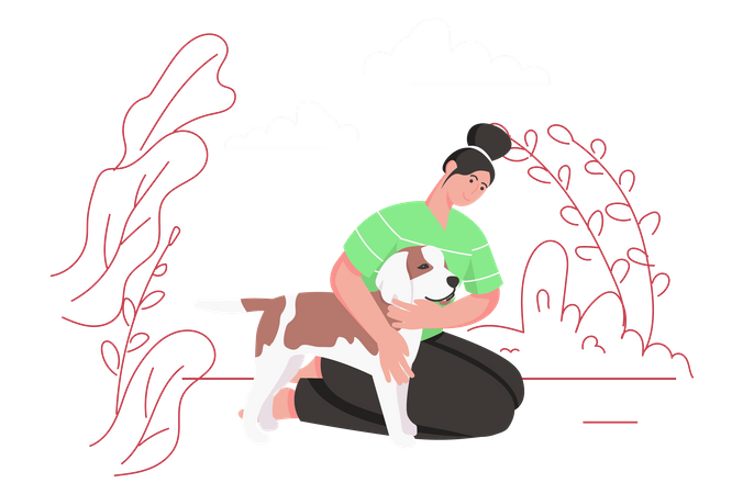 Mujer feliz sentada y abrazando a su perro  Ilustración