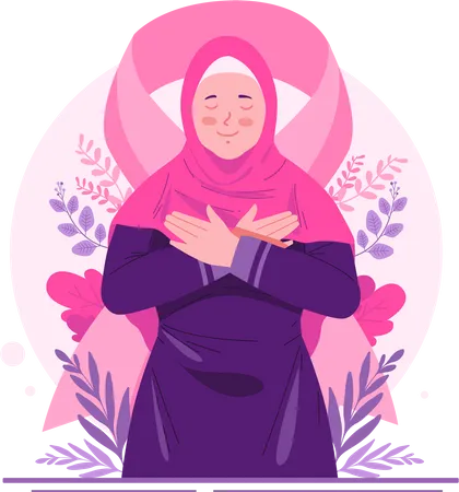 Mes De La Conciencia Del Cancer De Mama Una Mujer Musulmana Feliz Con Un Lazo Rosa Como Preocupacion Y Apoyo Para Las Mujeres Con Cancer De Mama Ilustración