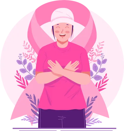 Feliz sobreviviente de cáncer de mama con una cinta rosa  Ilustración