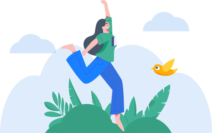 Mujer feliz sonriendo y saltando en el aire  Illustration