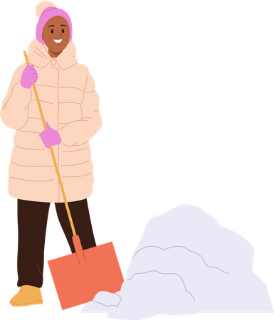 Mujer sonriente feliz quitando nieve con pala limpiando patio o carretera  Ilustración