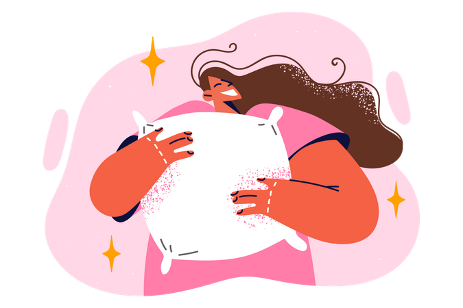 Mujer feliz sosteniendo la almohada  Ilustración