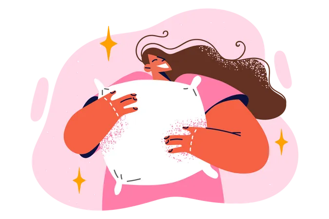 Mujer feliz sosteniendo la almohada  Ilustración