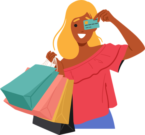 Mujer feliz sosteniendo bolsas de compras y tarjeta de crédito  Illustration