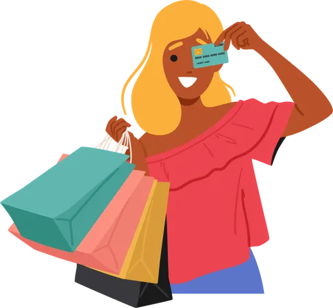 Mujer feliz sosteniendo bolsas de compras y tarjeta de crédito  Illustration