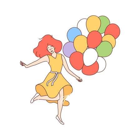 Mujer feliz sosteniendo globo  Ilustración