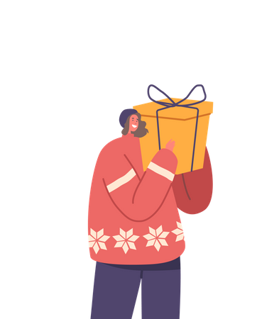 Mujer feliz sosteniendo una gran caja de regalo  Ilustración
