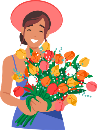 Mujer feliz sostiene flores de verano en sus manos  Ilustración