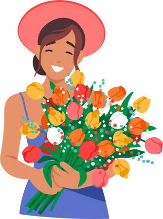 Mujer feliz sostiene flores de verano en sus manos  Ilustración