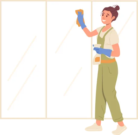 Trabajadora de casa feliz lavando ventanas usando una servilleta de limpieza y desinfectante  Ilustración