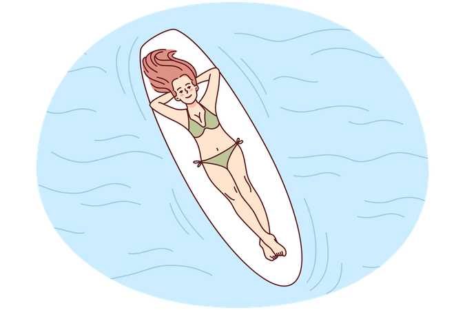 Mujer feliz tumbada a bordo en el mar  Ilustración