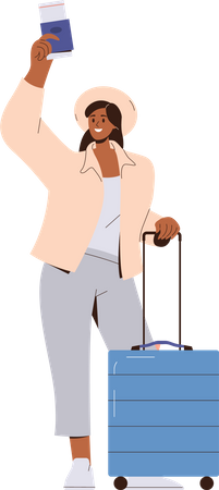 Turista mujer feliz con maleta agitando pasaporte  Ilustración