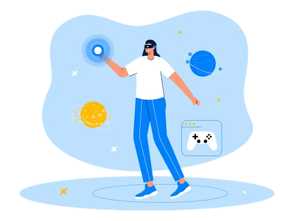 Mujer feliz usando tecnología Metaverse  Ilustración