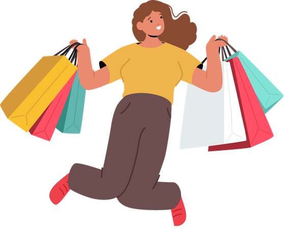 Mujer feliz y contenta, adicta a las compras, saltando con bolsas de compras  Ilustración