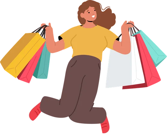 Mujer feliz y contenta, adicta a las compras, saltando con bolsas de compras  Ilustración