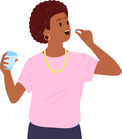 Mujer sana y feliz tomando pastillas de vitaminas mientras bebe agua  Ilustración