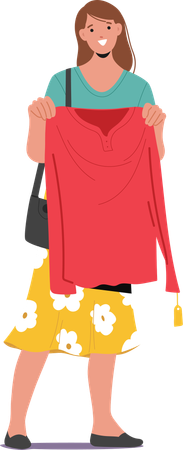 Mujer adicta a las compras feliz y sonriente sosteniendo una nueva blusa roja y un atuendo moderno  Ilustración