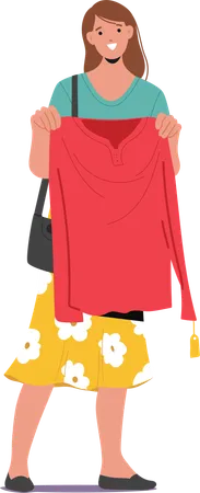 Mujer adicta a las compras feliz y sonriente sosteniendo una nueva blusa roja y un atuendo moderno  Ilustración