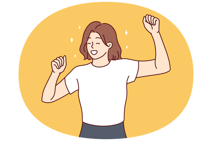 Mujer sonriente feliz agitando las manos se regocija al conocer a un chico genial  Ilustración