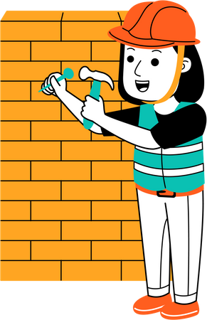 Mujer fijando clavos en la pared de ladrillos  Ilustración
