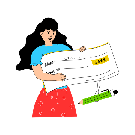 Mujer firmando cheque bancario  Ilustración