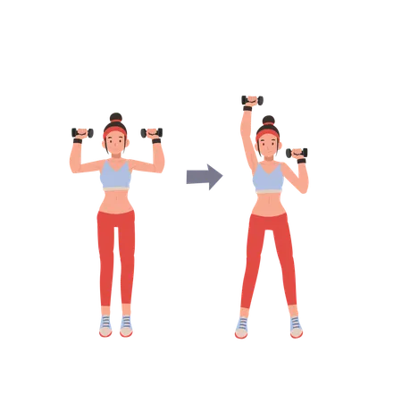 Mujer fitness realizando entrenamiento con mancuernas para mejorar la fuerza y la resistencia  Ilustración