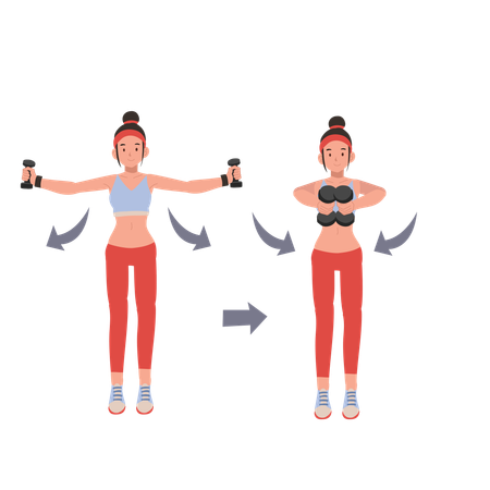 Mujer fitness realizando entrenamiento con mancuernas para mejorar la fuerza y la resistencia  Ilustración