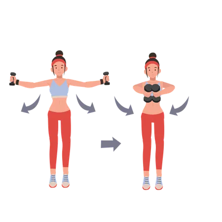 Mujer fitness realizando entrenamiento con mancuernas para mejorar la fuerza y la resistencia  Ilustración