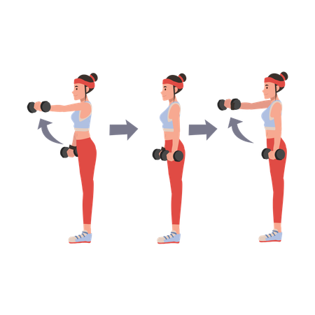 Mujer fitness realizando entrenamiento con mancuernas para mejorar la fuerza y la resistencia  Ilustración