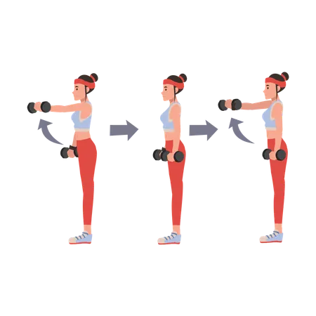 Mujer fitness realizando entrenamiento con mancuernas para mejorar la fuerza y la resistencia  Ilustración