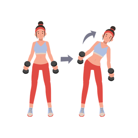Mujer fitness realizando entrenamiento con mancuernas para mejorar la fuerza y la resistencia  Ilustración