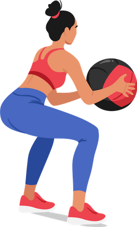 Mujer fitness realizando sentadillas con una pelota  Ilustración