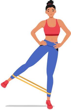 Mujer fitness utiliza expansor de piernas para un desafiante entrenamiento de la parte inferior del cuerpo  Ilustración