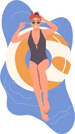 Mujer flotando en un anillo de goma inflable en la piscina  Ilustración
