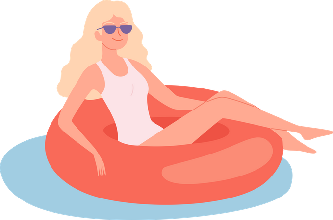 Mujer flotando en natación con anillo  Ilustración