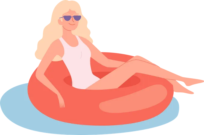 Mujer flotando en natación con anillo  Ilustración