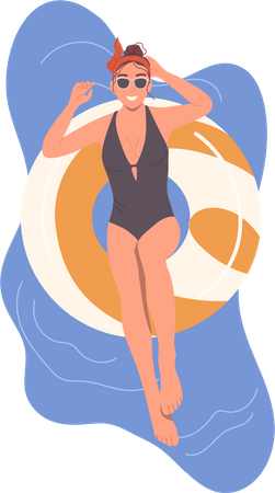 Mujer flotando en un anillo de goma inflable en la piscina  Ilustración