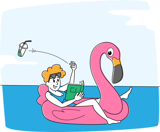 Mujer flotando en un colchón inflable en el mar o en el océano tirando basura en el agua  Ilustración