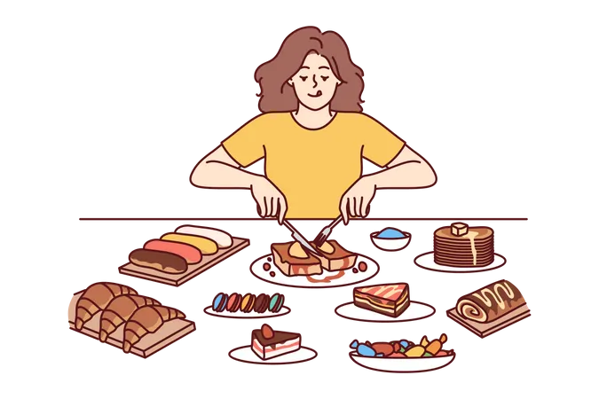Mujer entusiasta comiendo todos los platos de postre ignorando la dieta  Ilustración